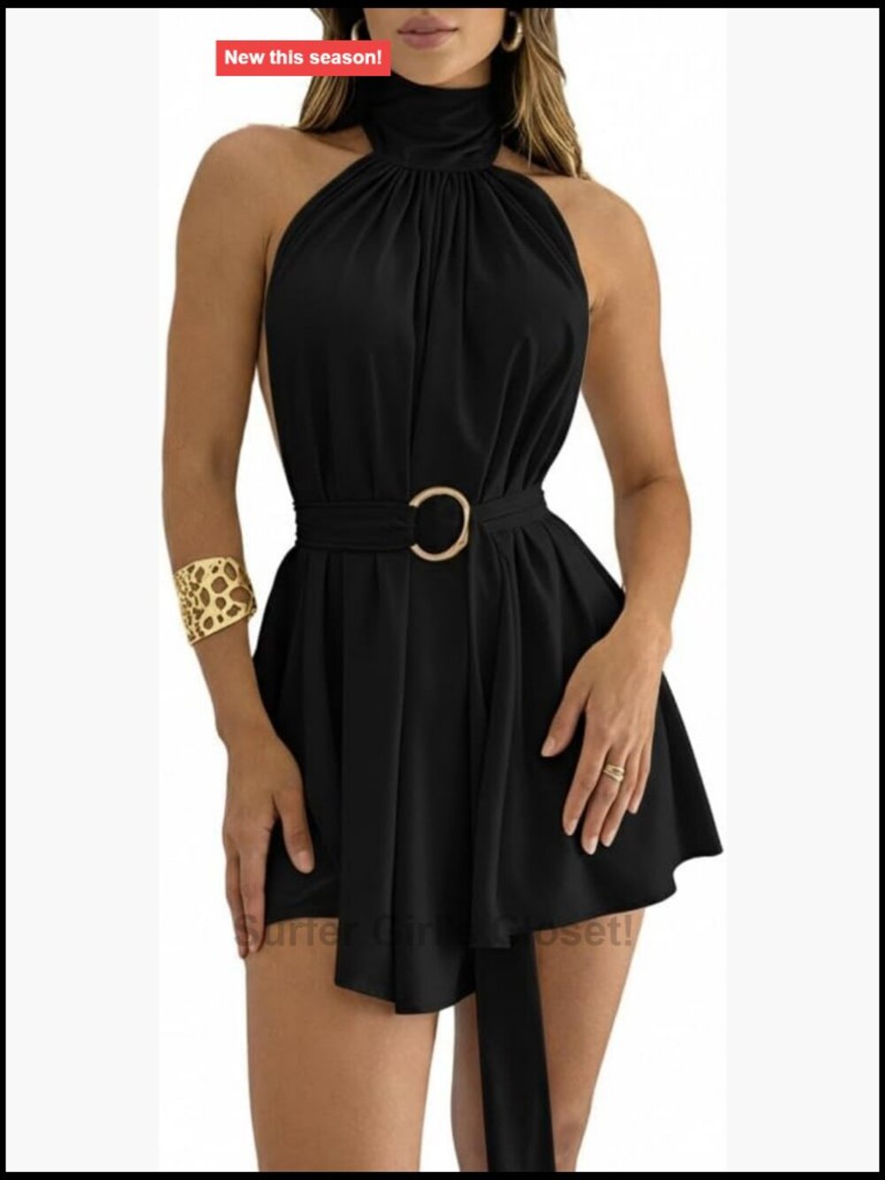 Women's Backless Halter Mini Dress with Belt